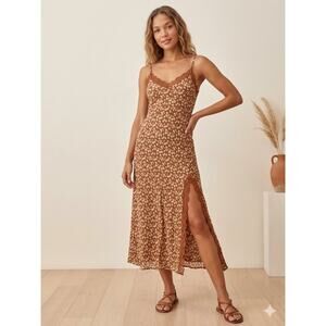 Blu Pepper Brown Ditsy Floral Lace Trim Slip Dress Y2K Style Womens Midi Dress